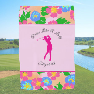 Lady Golfer Pink Floral Preppy Custom Name Ladies Golf Towel