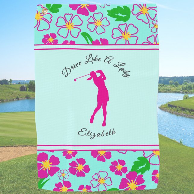 Lady Golfer Pink Floral Preppy Custom Name Ladies Golf Towel (Creator Uploaded)