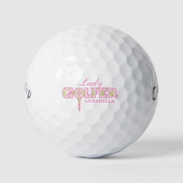Lady golfer pink plaid personalise gift golf balls (Front)
