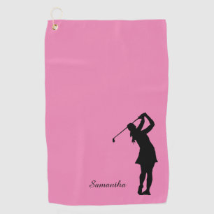 Lady Golfer Silhouette Black Pink Monogram Golf Towel
