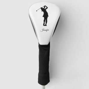 Lady Golfer Silhouette Black White Your Name Golf Head Cover
