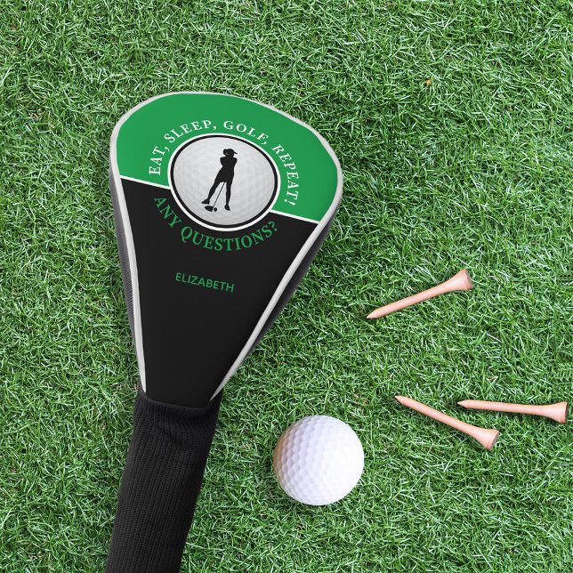 Lady Golfer Silhouette Golf Ball Quote Black Green Head Cover (Creator Uploaded)
