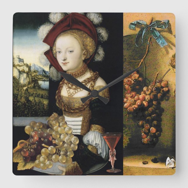 LADY ,GRAPES ,ANTIQUE GRAPE VINEYARD WINE TASTING SQUARE WALL CLOCK (Front)