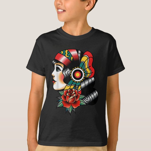 Lady Head American Traditional Tattoo Old School  T-Shirt (Front)