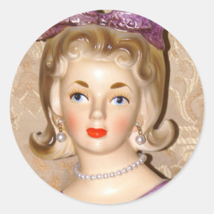 Lady Head Vase Big Purple Bow Glam Flipped Hair  Classic Round Sticker