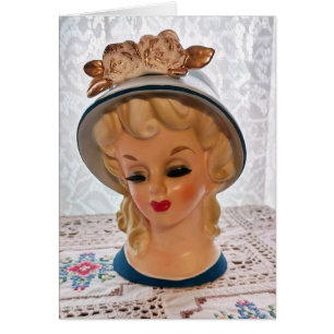 Lady Head Vase Blonde Teen Blue Hat Flower Card