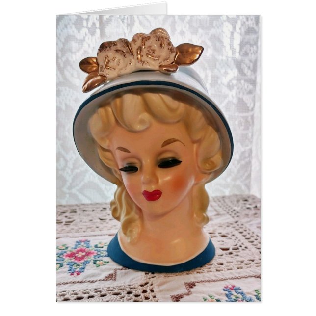 Lady Head Vase Blonde Teen Blue Hat Flower Card (Front)