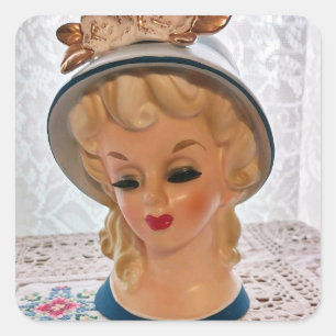 Lady Head Vase Blonde Teen Blue Hat Flower Square Sticker