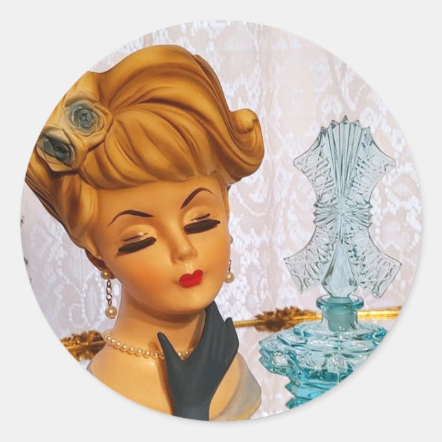Lady Head Vase Blue Roses Perfume Bottle Glam  Classic Round Sticker (Front)
