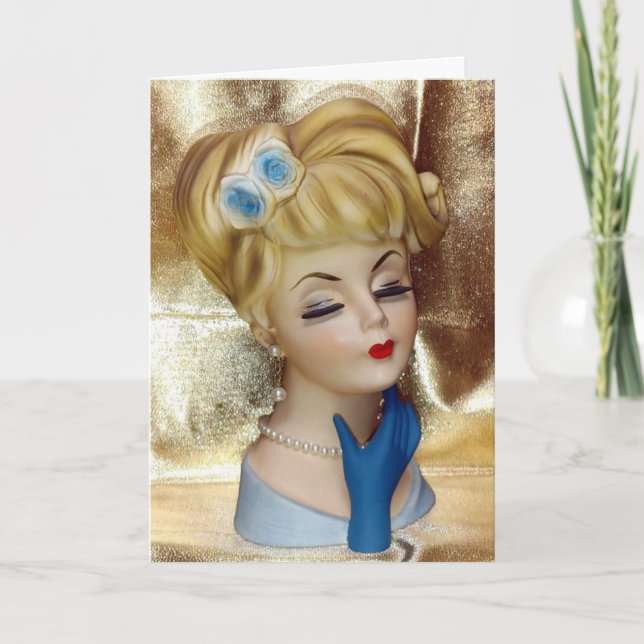 Lady Head Vase Hair Flower Blue Gloves Fancy Card (Front)