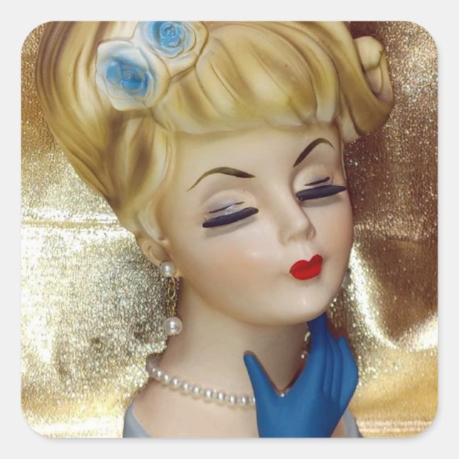 Lady Head Vase Hair Flower Blue Gloves Fancy Square Sticker (Front)