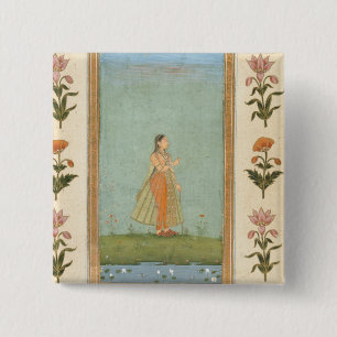 Lady holding a flower, standing by a lily pond, fr 15 cm square badge