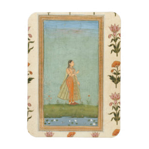 Lady holding a flower, standing by a lily pond, fr magnet