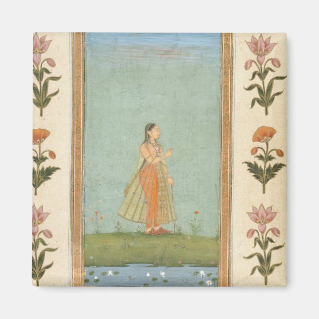Lady holding a flower, standing by a lily pond, fr magnet (Front)
