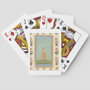 Lady holding a flower, standing by a lily pond, fr playing cards