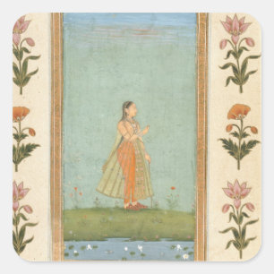 Lady holding a flower, standing by a lily pond, fr square sticker