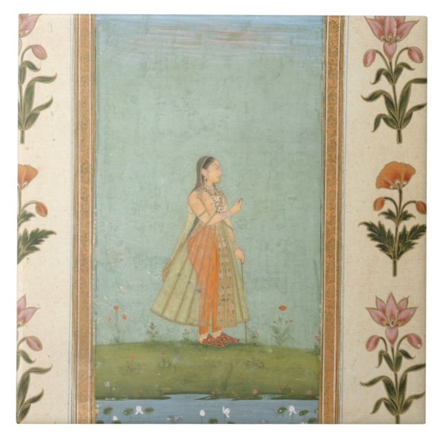 Lady holding a flower, standing by a lily pond, fr tile (Front)