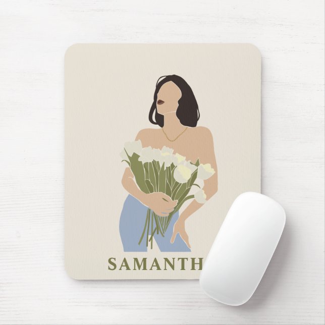 Lady Holding Bouquet Of Flowers Green Abstract Art Mouse Mat (With Mouse)