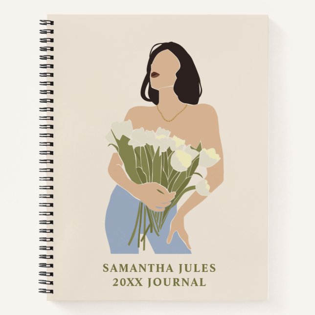 Lady Holding Bouquet Of Flowers Green Abstract Art Notebook (Front)