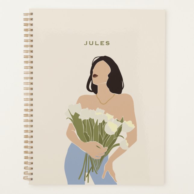 Lady Holding Bouquet Of Flowers Green Abstract Art Planner (Front)