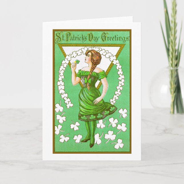 Lady Holding Shamrock Vintage St Patricks Day Card (Front)
