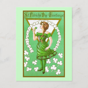Lady Holding Shamrock Vintage St Patricks Day Postcard