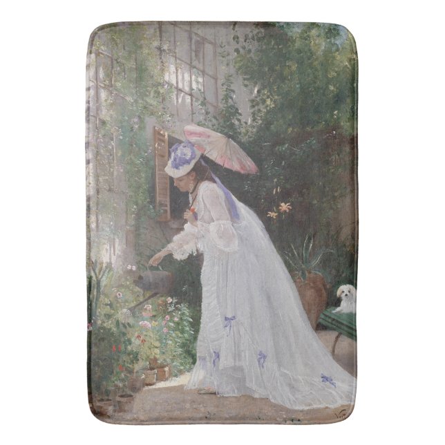 Lady in a Garden Caring For Her Flowers With Love Bath Mat (Front Vertical)