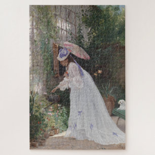 Lady in a Garden Caring For Her Flowers With Love Jigsaw Puzzle
