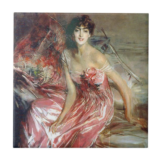 Lady in a Pink Dress (by Giovanni Boldini) Tile (Front)