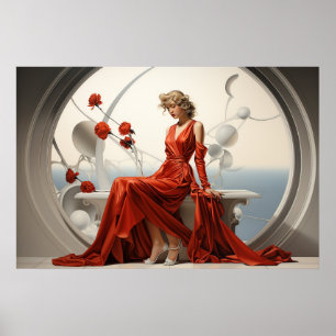 Lady in a red dress in a white room painting poster