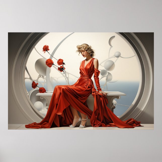 Lady in a red dress in a white room painting poster (Front)