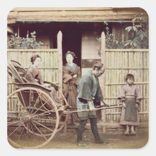 Lady in a rickshaw, c.1890s (coloured photo) square sticker