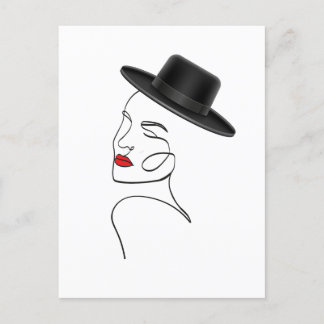 Lady in Black Hat with Red Lips Line Art Postcard