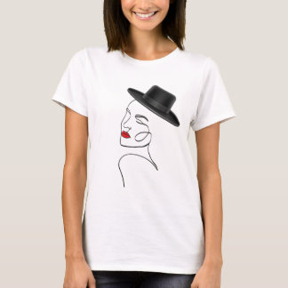 Lady in Black Hat with Red Lips Line Art T-Shirt
