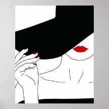 Lady In Black Hat With Red Lipstick Line Art