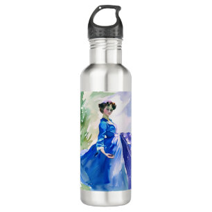Lady in Blue Dress - Watercolor Painting 710 Ml Water Bottle