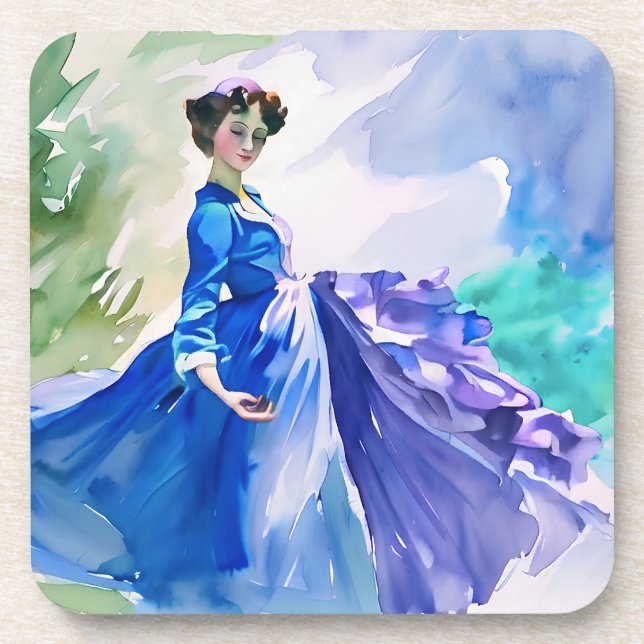 Lady in Blue Dress - Watercolor Painting Coaster (Front)