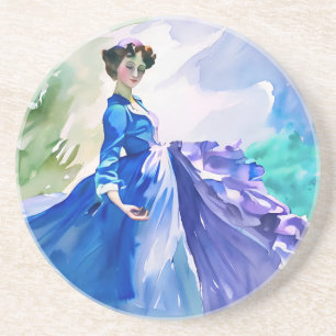 Lady in Blue Dress - Watercolor Painting Coaster
