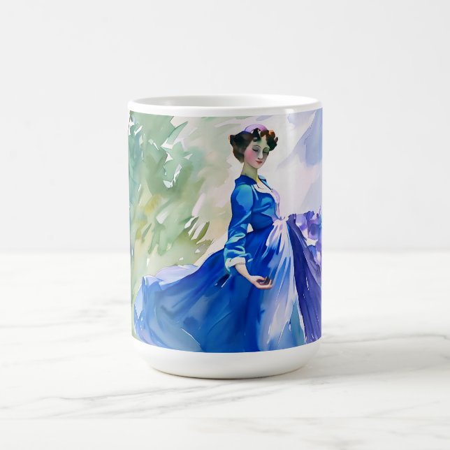 Lady in Blue Dress - Watercolor Painting Coffee Mug (Center)