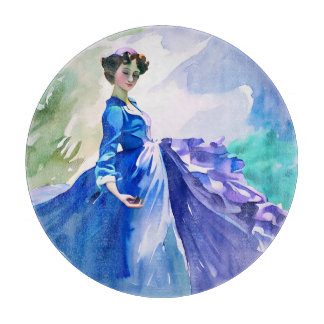 Lady in Blue Dress - Watercolor Painting Cutting Board