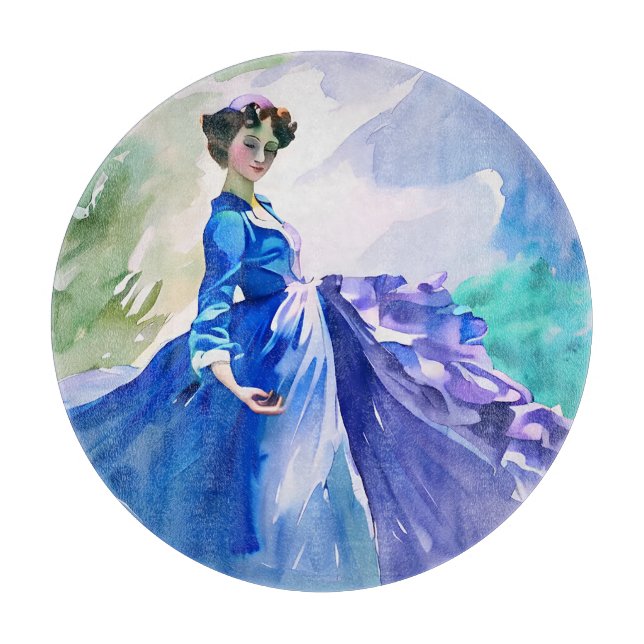 Lady in Blue Dress - Watercolor Painting Cutting Board (Front)