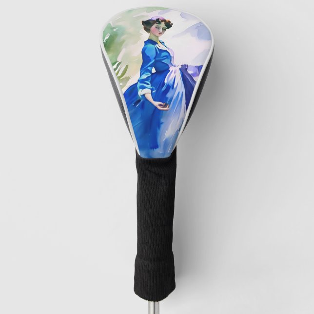 Lady in Blue Dress - Watercolor Painting Golf Head Cover (Front)