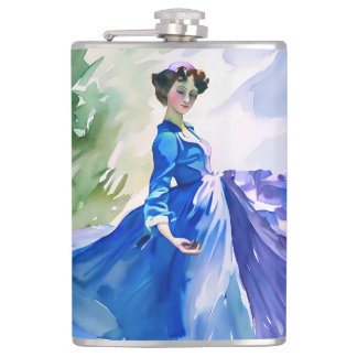 Lady in Blue Dress - Watercolor Painting Hip Flask