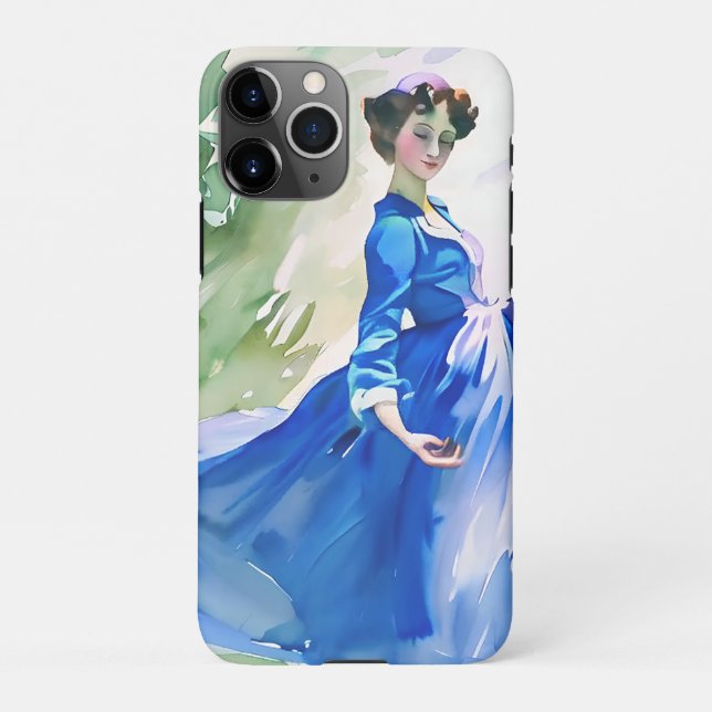 Lady in Blue Dress - Watercolor Painting iPhone Case (Back)