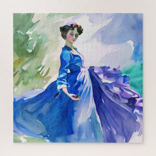 Lady in Blue Dress - Watercolor Painting Jigsaw Puzzle
