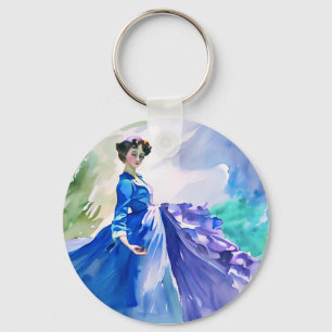 Lady in Blue Dress - Watercolor Painting Key Ring