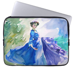 Lady in Blue Dress - Watercolor Painting Laptop Sleeve