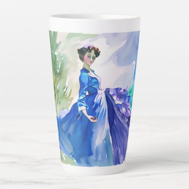 Lady in Blue Dress - Watercolor Painting Latte Mug (Front)