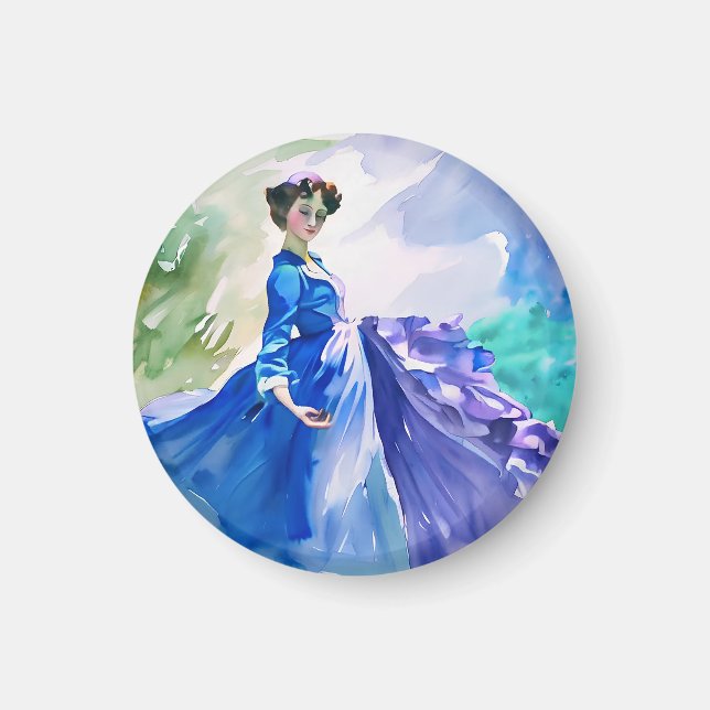 Lady in Blue Dress - Watercolor Painting Magnet (Front)