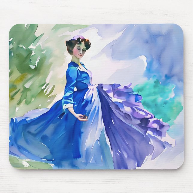 Lady in Blue Dress - Watercolor Painting Mouse Mat (Front)